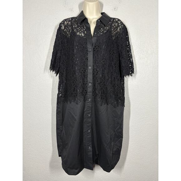 Vintage Y2K DKNY Lace Shirt Dress Black Casual Modest Elbow Sleeve Slip Lined L - Picture 8 of 8